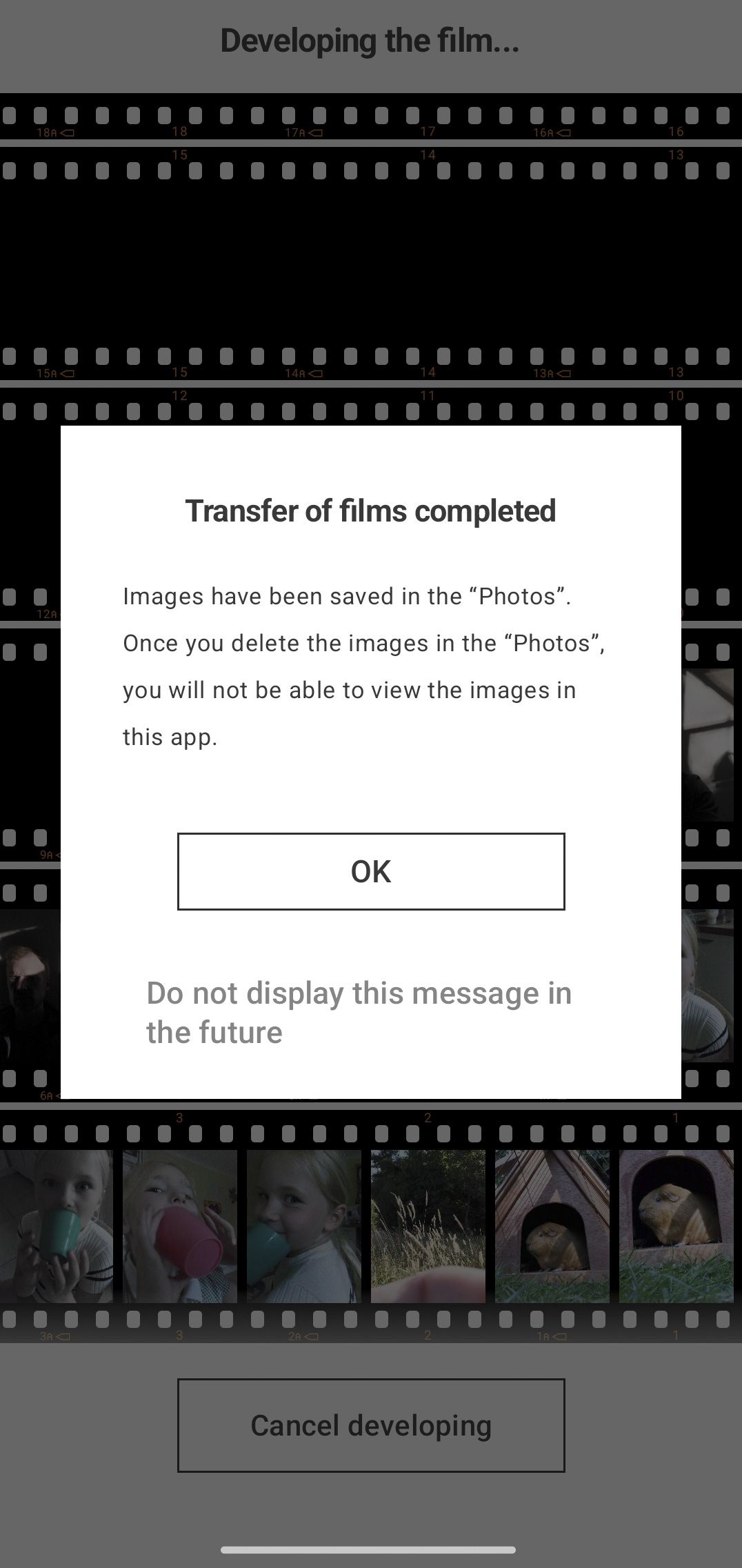 Fujifilm X half app UI, developing film, contact sheet, image gallery