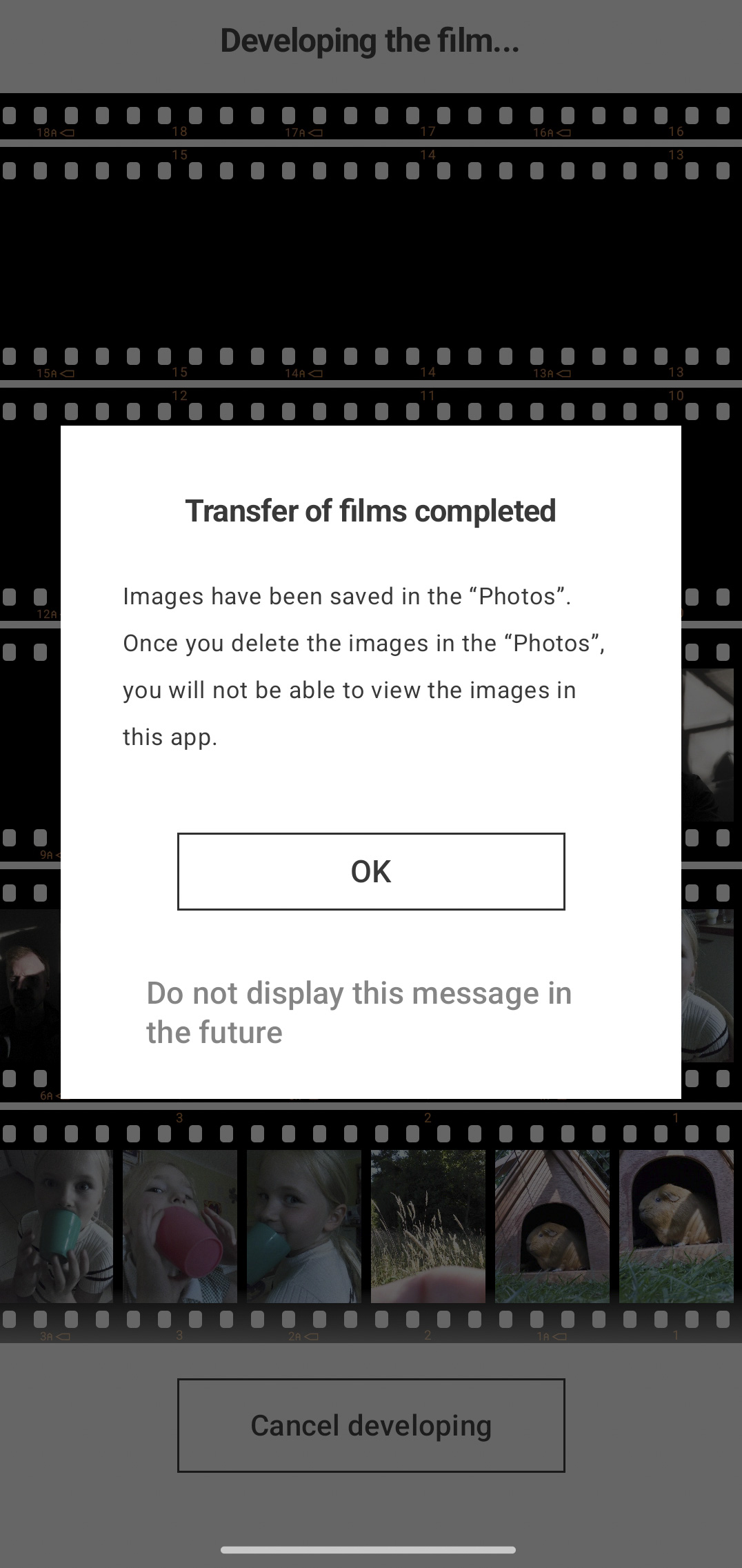 Fujifilm X half app UI, developing film, contact sheet, image gallery