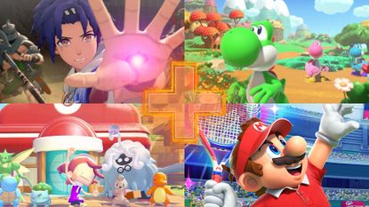 Upcoming Switch 2 games banner image showing a figure holding out their hand from Fire Emblem Fortune's Weave, Yoshi from Yoshi and the Mysterious Book, Ditto in human form with Bulbasaur, Charmander, Squirtle, Scyther, Timburr in Pokopia, and Mario from Mario Tennis Fever