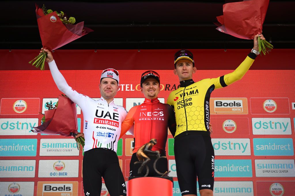 2024 Amstel Gold Race podium (l-r): second place Marc Hirschi (UAE Team Emirates), winner Tom Pidcock (Ineos Grenadiers) and third place Tiesj Benoot (Visma-Lease a Bike)