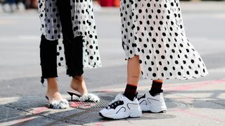 White, Footwear, Street fashion, Polka dot, Pattern, Shoe, Black-and-white, Fashion, Leg, Design,