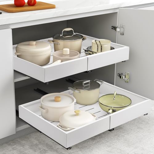 Trintion Pull Out Cabinet Organizer, Adjustable Expandable Slide Out Drawer, Roll-Out Sliding Drawer Organiser Shelf for Kitchen &amp;amp; Bathroom Storage,easy Installation With Adhesive Film (white)
