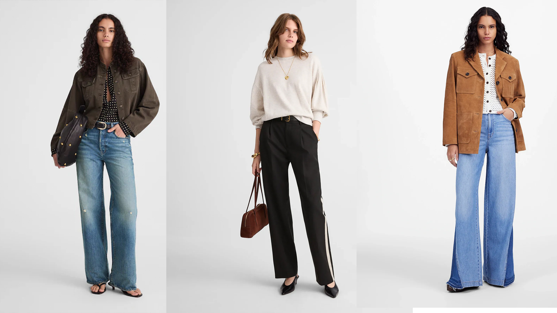 model wears jeans, dotted black shirt, and green jacket another model wears white sweater brown purse, black track pants, and black pointed toe heels, and the last model wears brown suede coat with white shirt on the inside and two-toned paneled pants