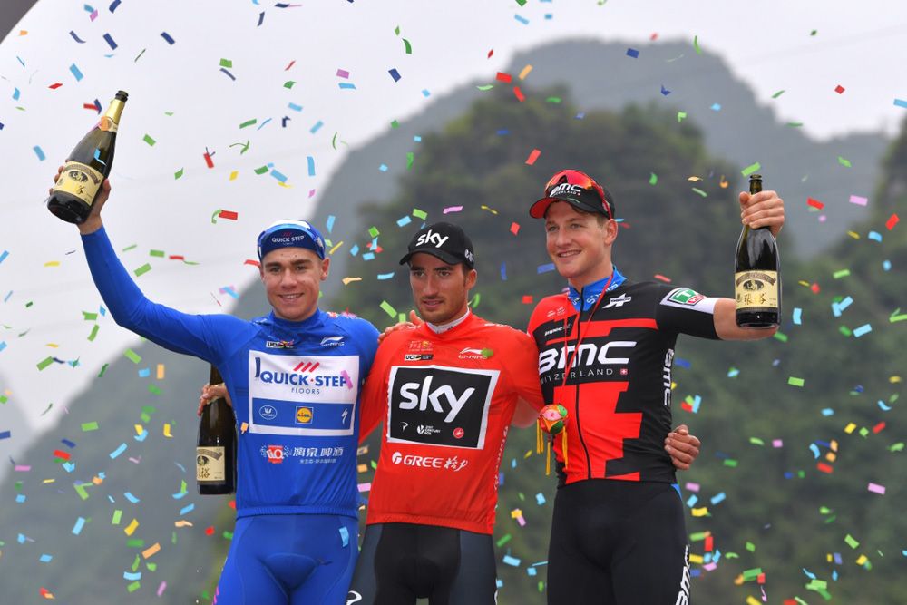 Fabio Jakobsen (Quick Step Floors), Gianni Moscon (Team Sky) and the most aggressive rider of the stage Stefan Kung (BMC Racing)