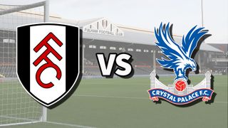 The Fulham and Crystal Palace club badges on top of a photo of Craven Cottage in London, England
