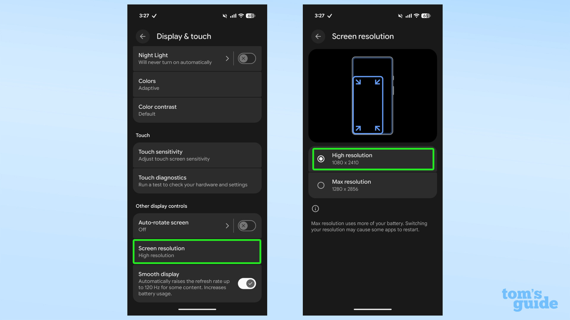 Screenshots showing how to lower a Google Pixel's screen resolution
