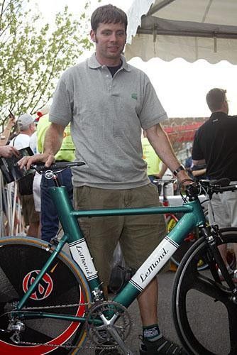 Chris Horner's custom Lemond, cradled in the arms of Webcor team manager Jay Gump.