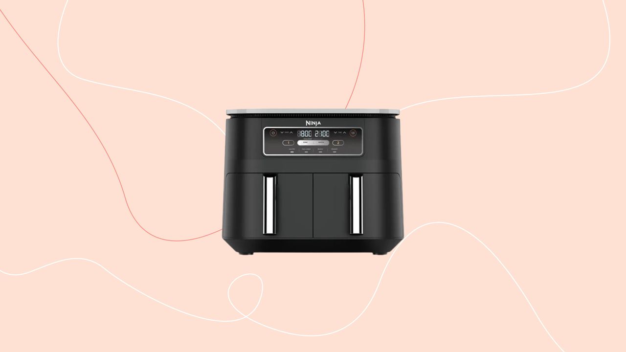 Ninja&#039;s new 4-in-1 air fryer on pink background