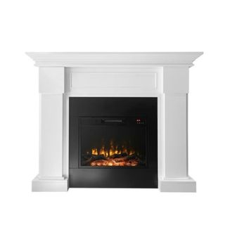 A white freestanding fireplace with a black fire enclosure