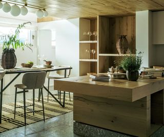 kitchen diner with wood ceiling
