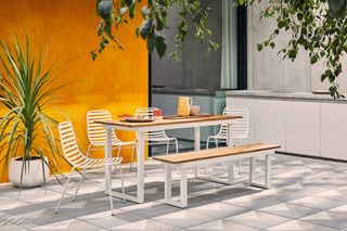 Patio ideas with ochre colored wall and dining table