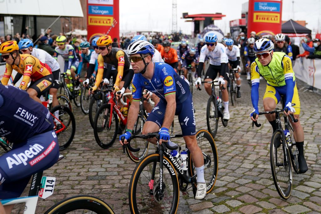 SCHWERIN GERMANY AUGUST 26 Mark Cavendish of United Kingdom and Team Deceuninck QuickStep and The Peloton prior to the 35th Deutschland Tour 2021 Stage 1 a 191km stage from Stralsund to Schwerin DeineTour on August 26 2021 in Schwerin Germany Photo by Christian KasparBartkeGetty Images
