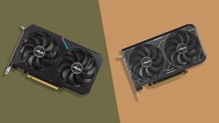 An RTX 4060 vs RTX 3060 against a two-tone background