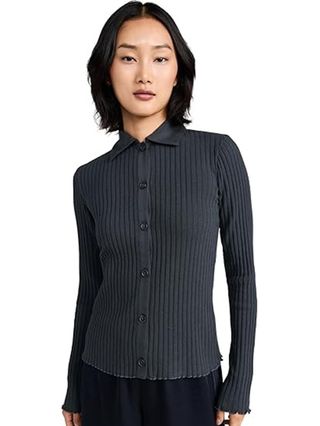 Vince Women's Rib Polo Button Up, Graphite, Blue, M