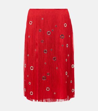 Fringed Embellished Silk Midi Skirt