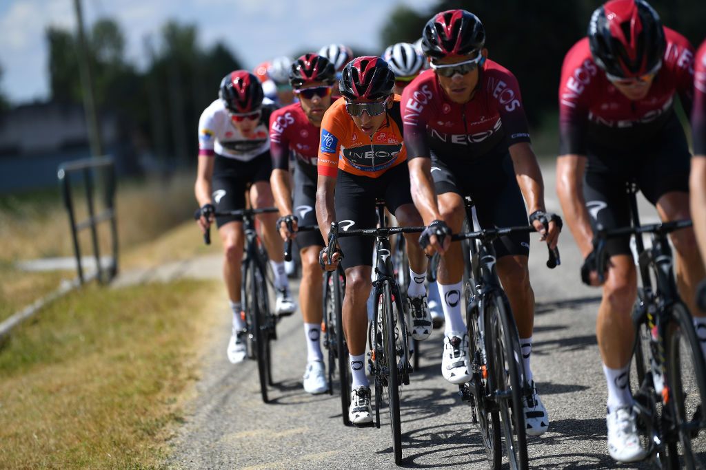 ROCAMADOUR FRANCE AUGUST 04 Egan Bernal of Colombia and Team Ineos Orange Leader Jersey during the 44th La Route dOccitanie La Depeche du Midi 2020 Stage 4 a 195km stage from Lectoure to RocamadourCauvaldorLot 295m RouteOccitanie RDO2020 on August 04 2020 in Rocamadour France Photo by Justin SetterfieldGetty Images