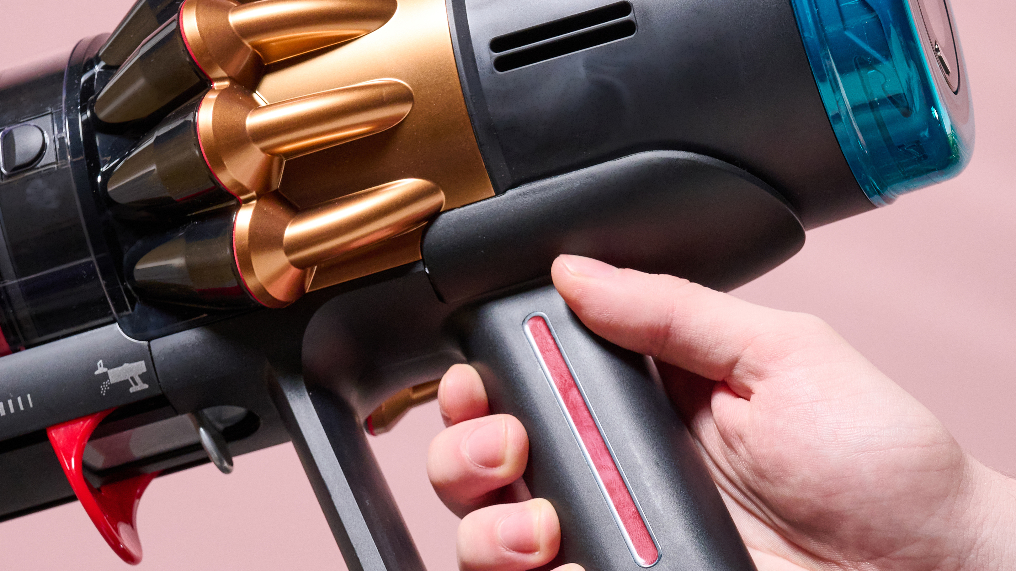 Close up of handle section on Dyson V16 vacuum