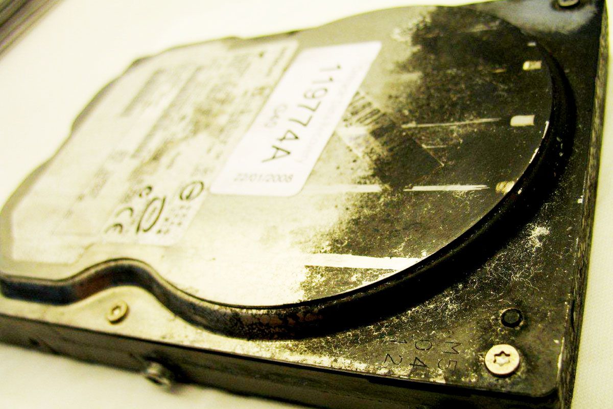 A fire damaged hard disk from the University's server
