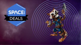 Lego Marvel Rocket on Space.com background with deals logo