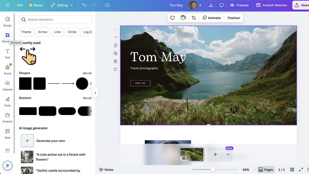 Website template being edited in Canva Websites