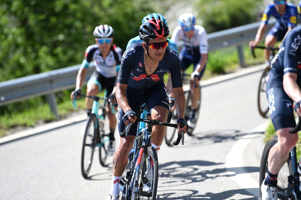 LEUKERBAD SWITZERLAND JUNE 10 Richard Carapaz of Ecuador and Team INEOS Grenadiers during the 84th Tour de Suisse 2021 Stage 5 a 1752km stage from Gstaad to Leukerbad 1385m UCIworldtour tds tourdesuisse on June 10 2021 in Leukerbad Switzerland Photo by Tim de WaeleGetty Images