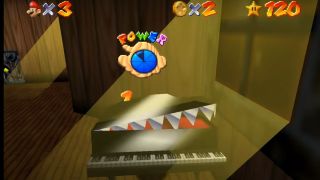 Mario getting attacked by an evil piano in Super Mario 64