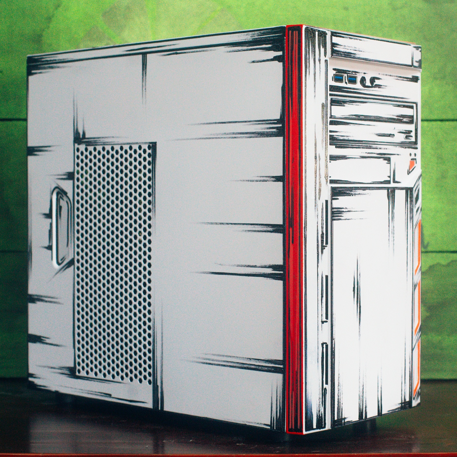 SuccessfulHost6375's cel shaded, hand-drawn PC case on a desk with a green background