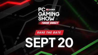 Promotional graphic for PC Gamer's Gaming Show Tokyo Direct, featuring the date 'SEPT 20' and 'SAVE THE DATE' in bold text.