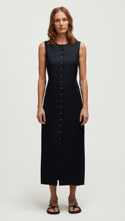 Button Dress in Basket Weave Linen | Midnight