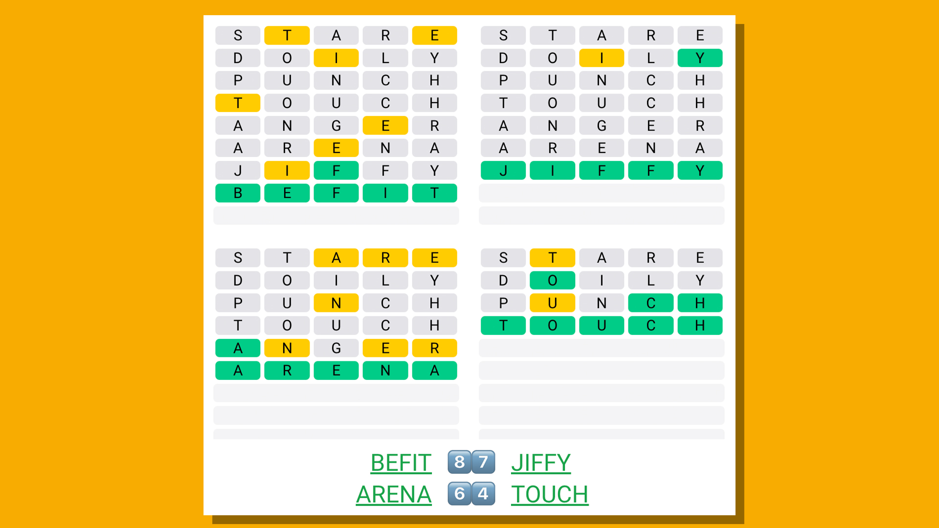 Quordle answers for game 544 on a yellow background