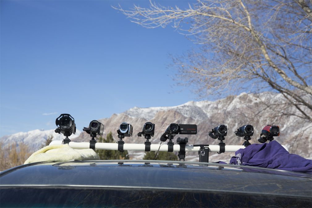 The best value camcorder, shown here at the far right, was the only camcorder we tested that wasn&rsquo;t black.