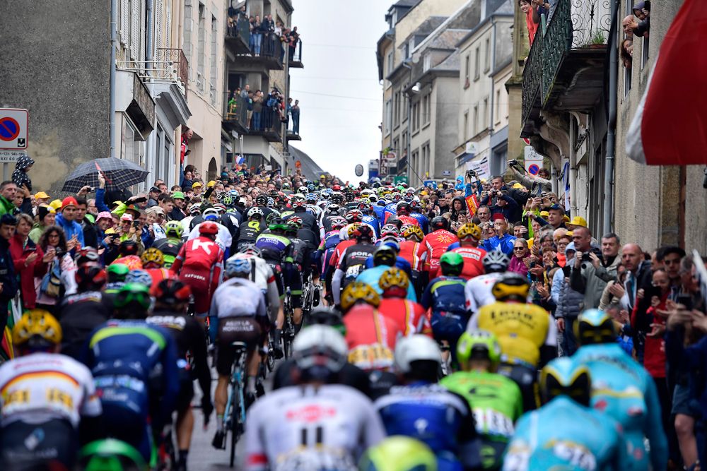 The peloton climbs during stage 2 of the Tour de France