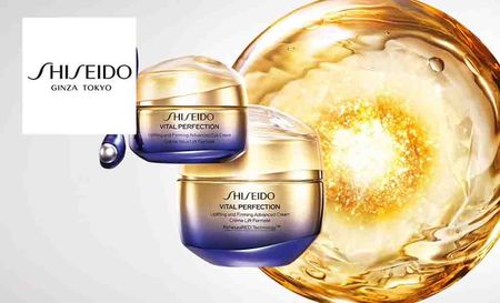 Shiseido logo top left with two products and a graphic image of a circle with liquid effect