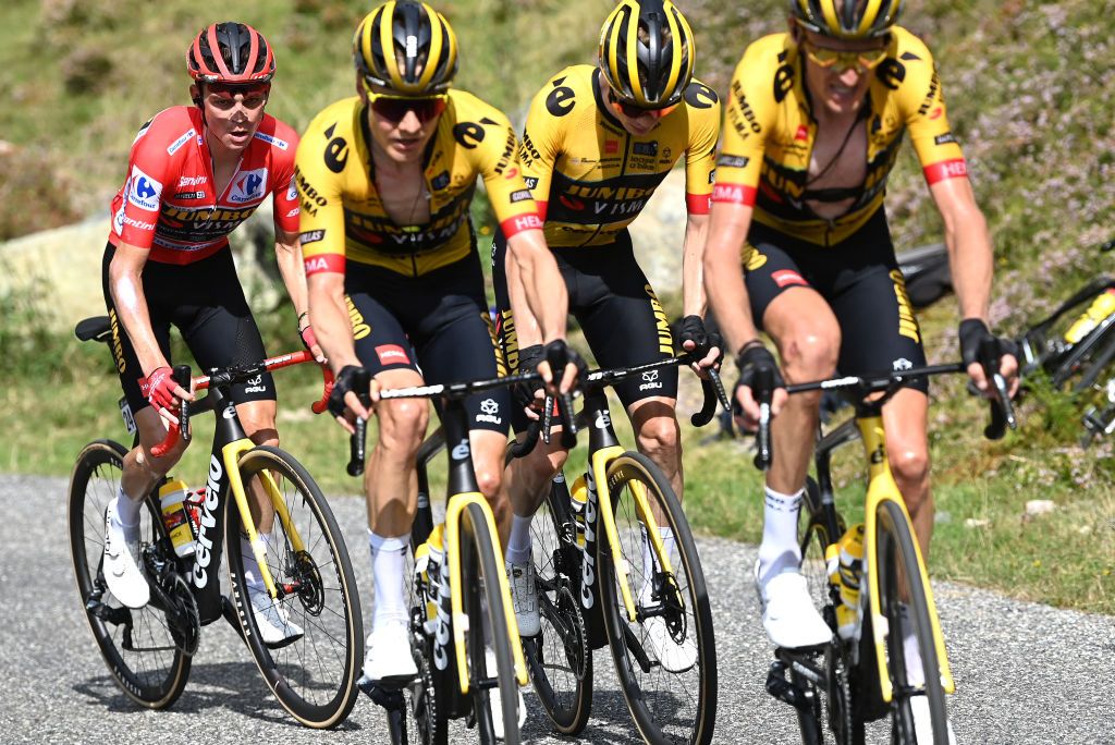 COL DU TOURMALET FRANCE SEPTEMBER 08 Sepp Kuss of The United States and Team JumboVisma Red Leader Jersey competes during the 78th Tour of Spain 2023 a 1347km stage from Formigal Huesca la Magia to Col du Tourmalet 2115m UCIWT on September 08 2023 in Col du Tourmalet France Photo by Tim de WaeleGetty Images