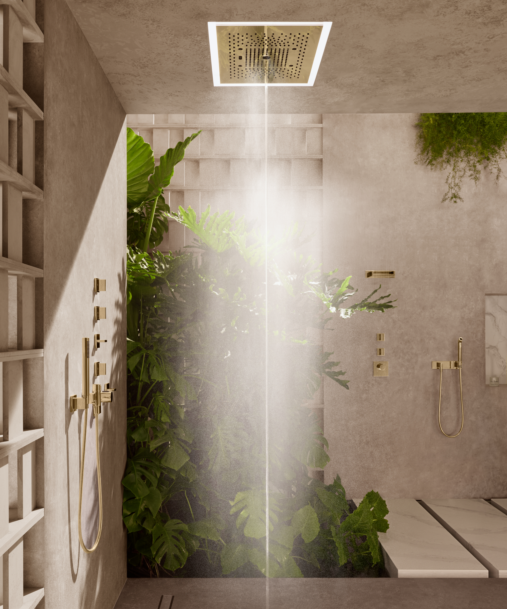 shower room with steam shower, seating area and planting behind