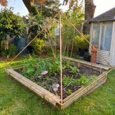 Copper pyramid installed over raised bed filled with vegetables