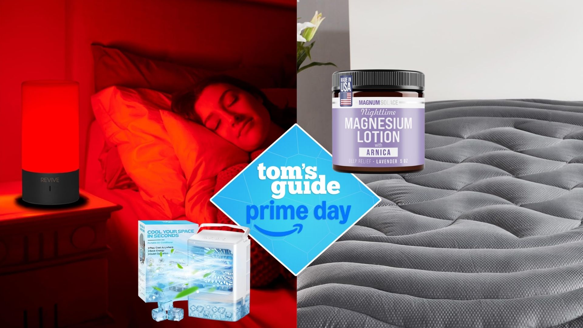 A woman in bed next to red light lamp (left) grey cooling mattress pad (right) overlaid by Tom's Guide Prime Day logo, portable air conditioner and tub of magnesium lotion