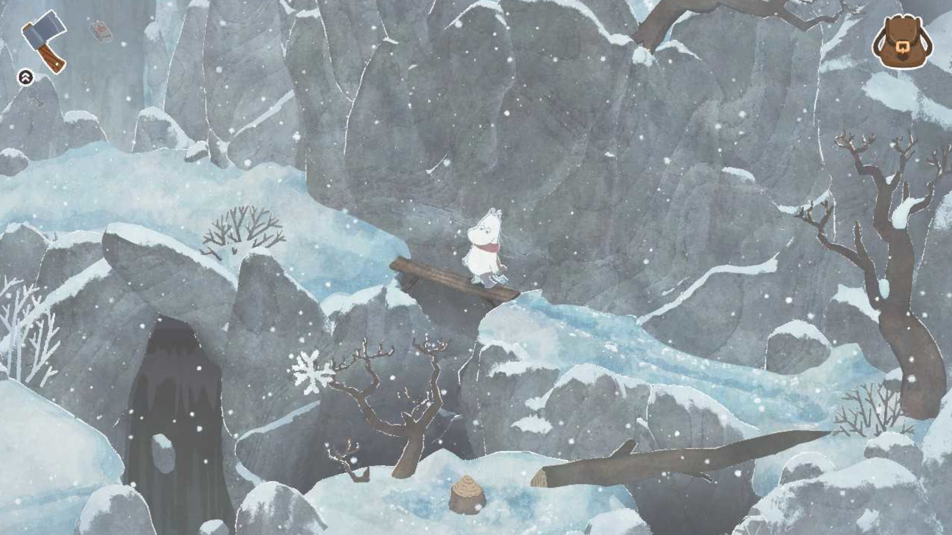 Moomintroll standing on a ledge during a blizzard in the cozy game, Moomintroll: Winter's Warmth