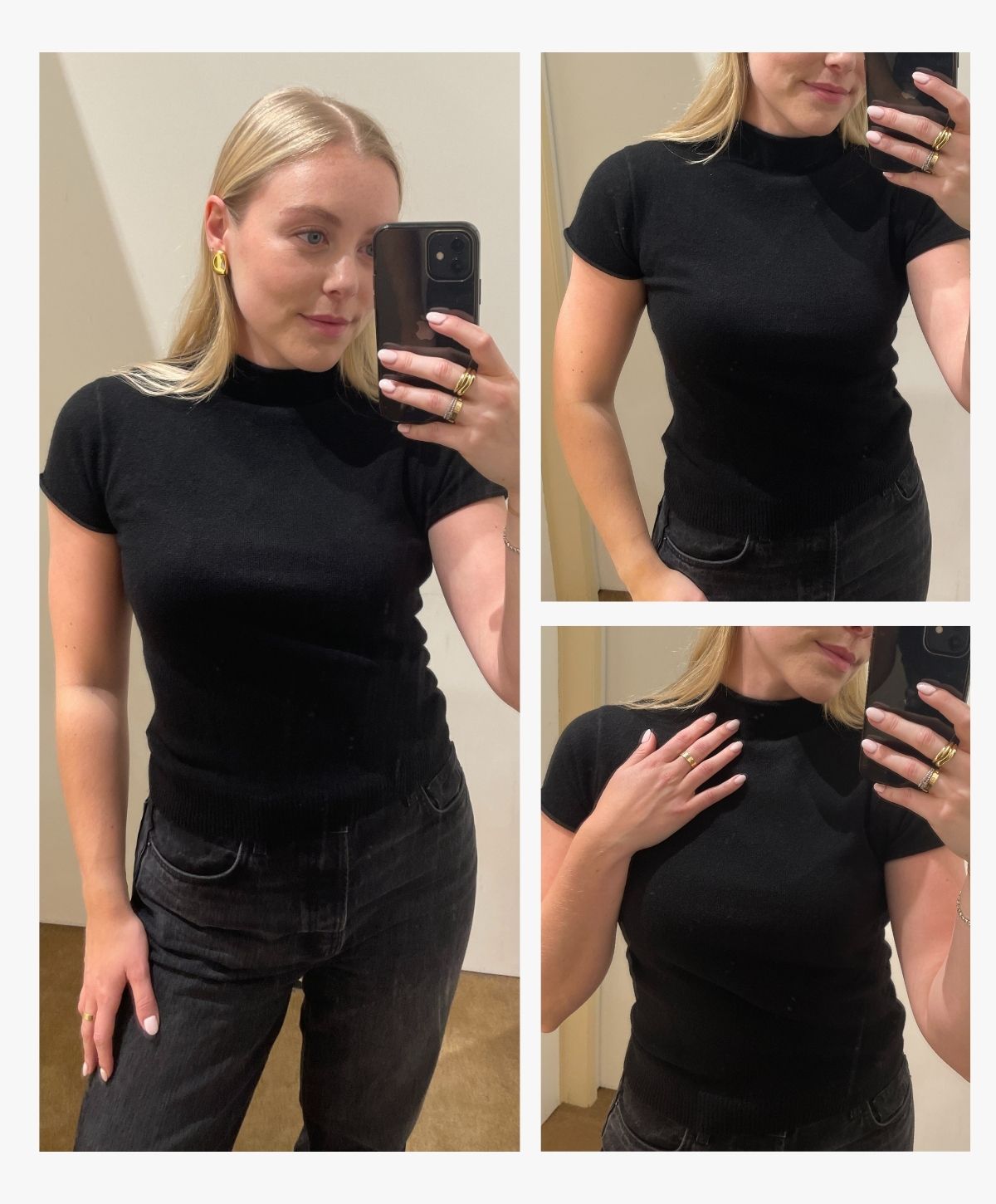 Woman wears black cashmere top and black jeans
