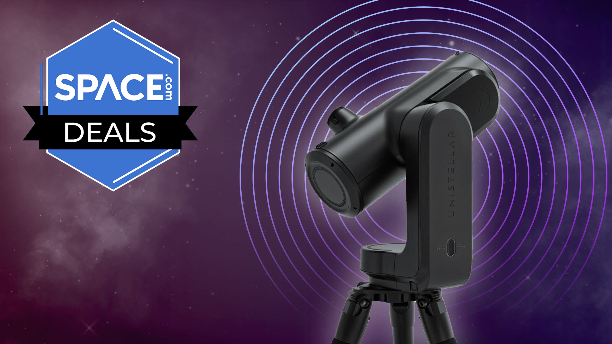 A Unistellar Odyssey Pro on a purple Space.com background.