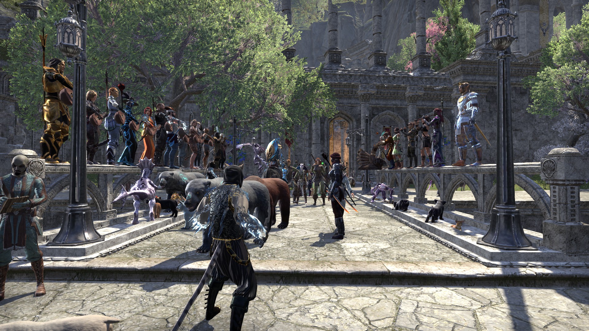 A player in Elder Scrolls Oneline stands on a bridge where many players are standing together playing instruments.