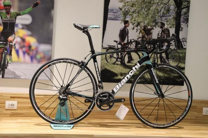 The full Bianchi road range lines the brand's new cafe and store