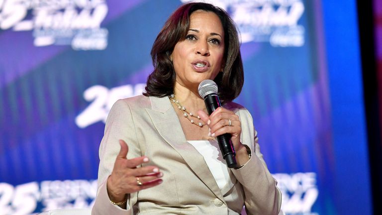 Kamala Harris speaks on stage at 2019 ESSENCE Festival Presented By Coca-Cola at Ernest N. Morial Convention Center on July 06, 2019 in New Orleans, Louisiana.