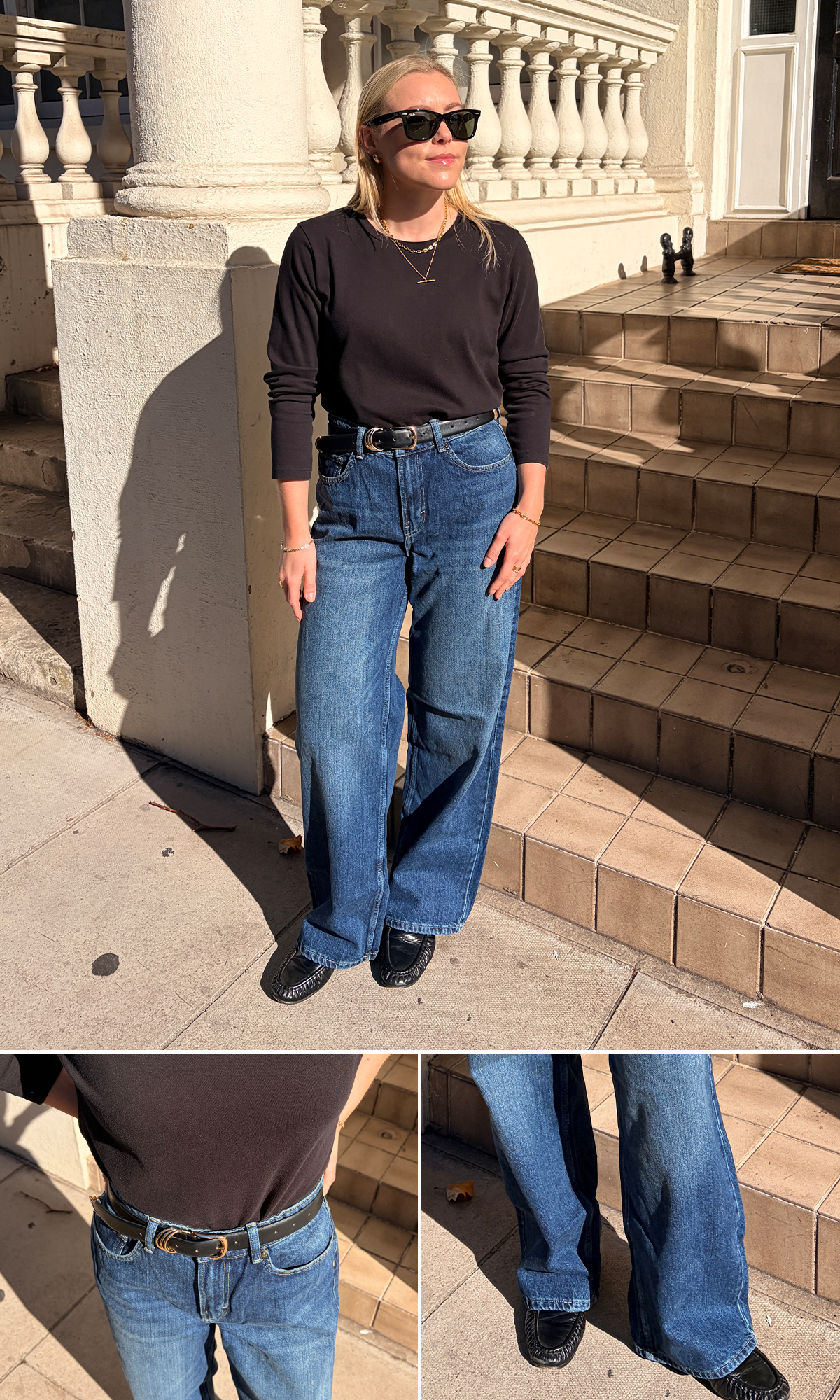 Woman wears black top, blue jeans, black loafers