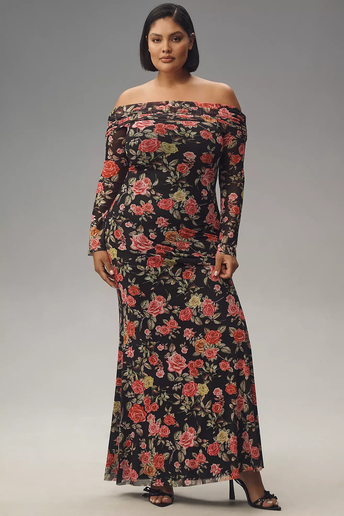 Afrm Long-Sleeve Off-The-Shoulder Mesh Maxi Dress