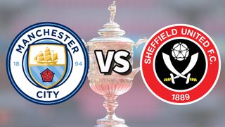 Man City and Sheffield Utd football club logos over an image of the FA Cup Trophy
