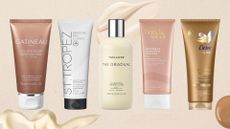 best gradual tans from Gatineau, St Tropex, Tan-Luxe, Bondi Sands and Dove on a beige background with product swatches