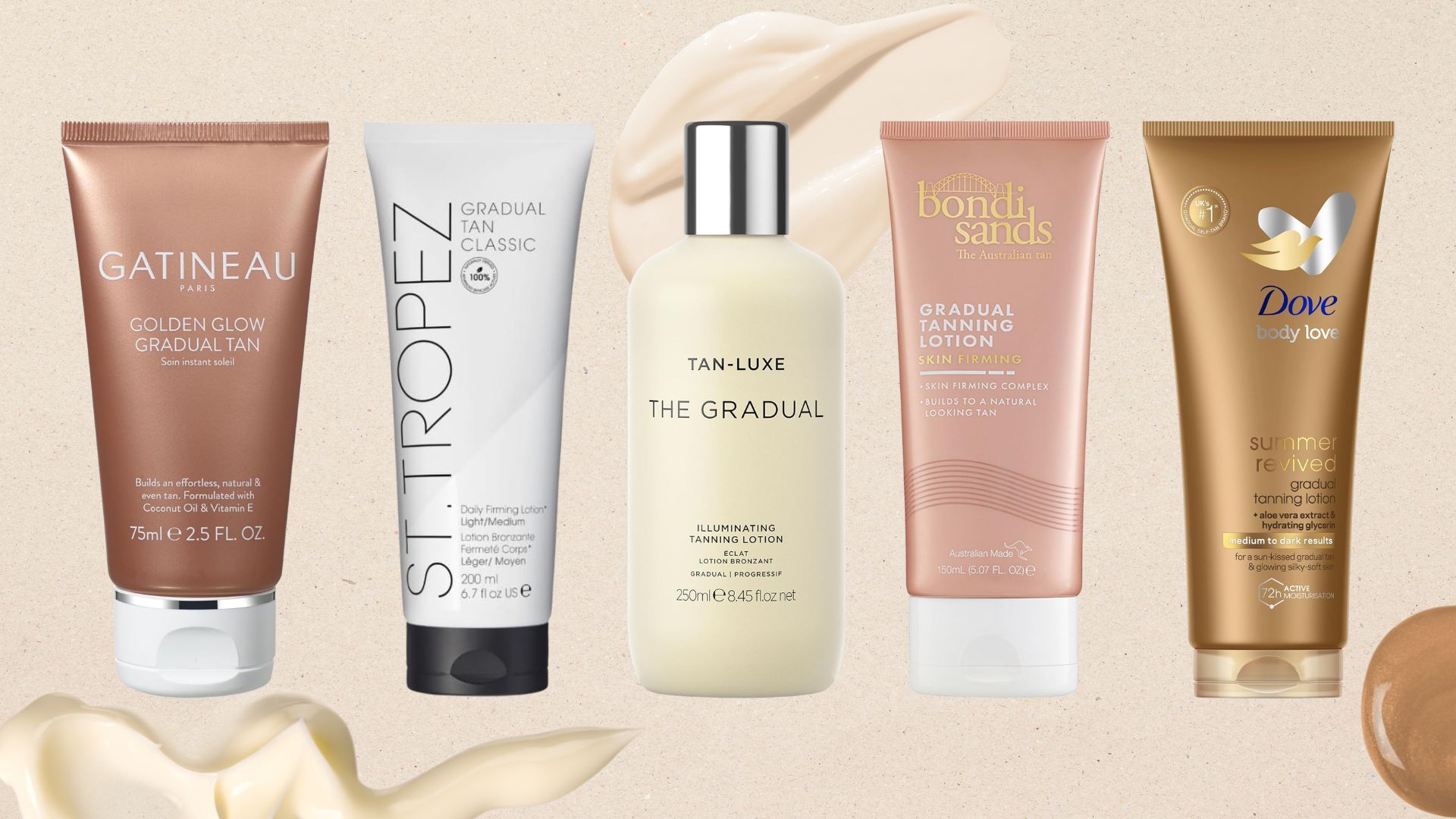 best gradual tans from Gatineau, St Tropex, Tan-Luxe, Bondi Sands and Dove on a beige background with product swatches