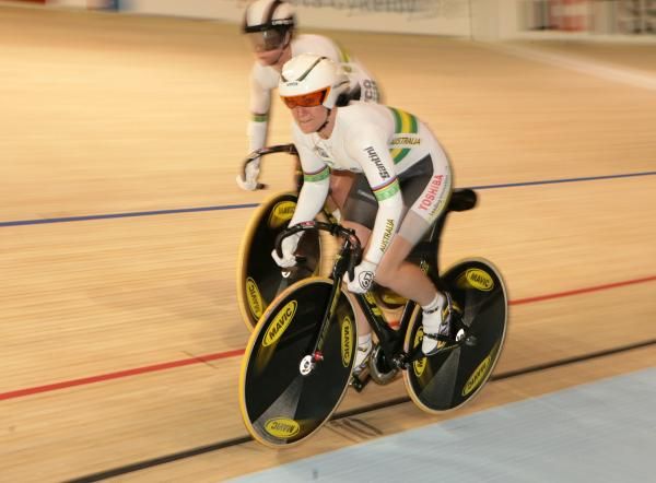 Anna Meares and Kaarle McCulloch (Australia) on their gold medal winning ride in the women's team sprint.