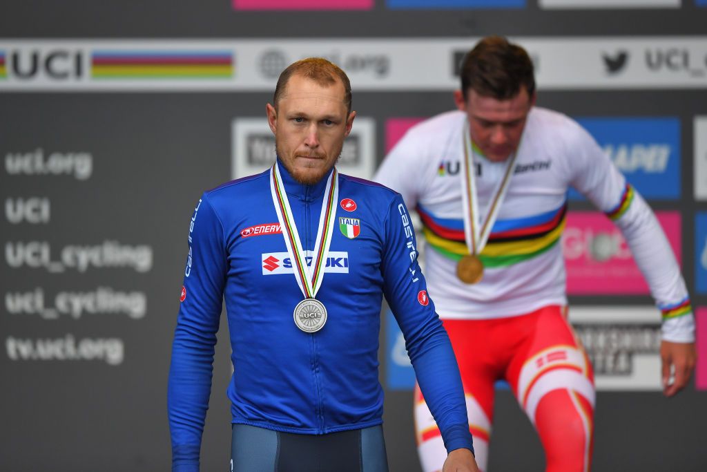 A disappointed Matteo Trentin of Italy walks away from the podium with his road-race silver medal at the 2019 UCI Road World Championships in Yorkshire